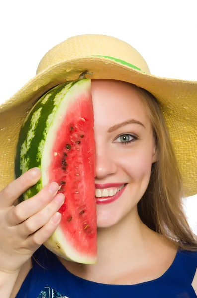 Vrouw met watermeloen geïsoleerd op wit — Stockfoto