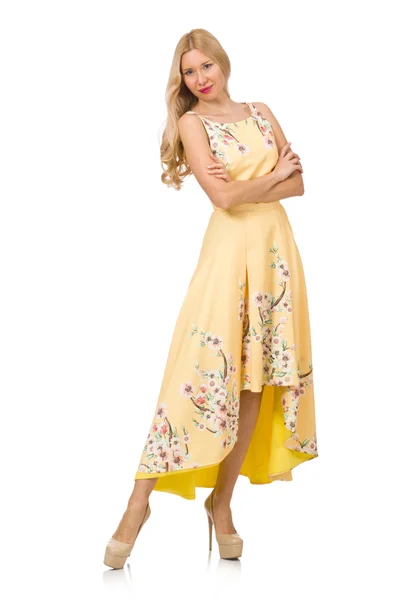Blond meisje in charmante jurk met bloem afdrukken geïsoleerd op wit — Stockfoto