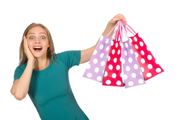 Mulher no conceito de compras de Natal em branco — Fotografia de Stock