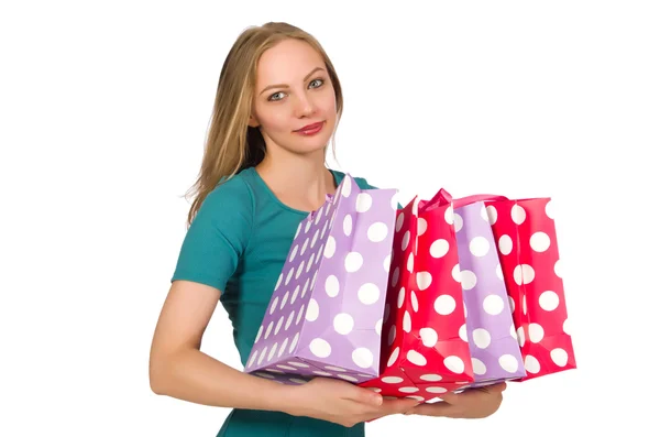 Mulher no conceito de compras de Natal em branco — Fotografia de Stock