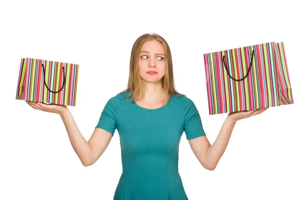 Vrouw in kerstmis shopping concept op wit — Stockfoto