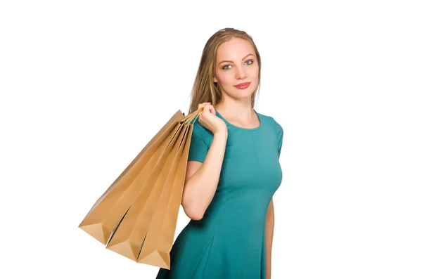 Woman in christmas shopping concept on white — Stock Photo, Image