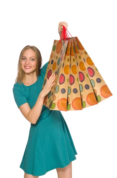 Žena v vánoční nákupní koncept na bílém — Stock fotografie