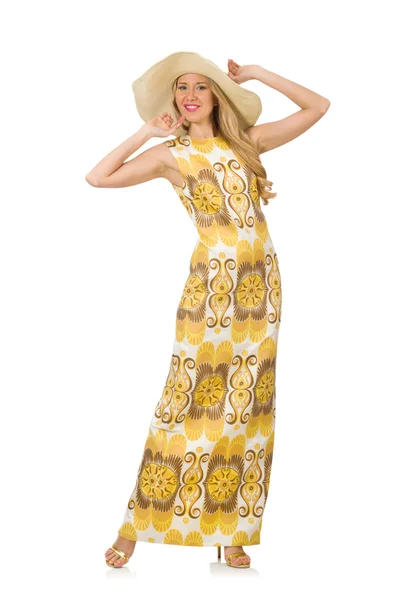 Menina bonita em vestido floral amarelo isolado no branco — Fotografia de Stock