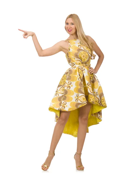 Lady i charmig gul klänning isolerad på vitt — Stockfoto