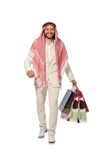 Αραβική άνθρωπος με τσάντες αγορών σε λευκό — Φωτογραφία Αρχείου