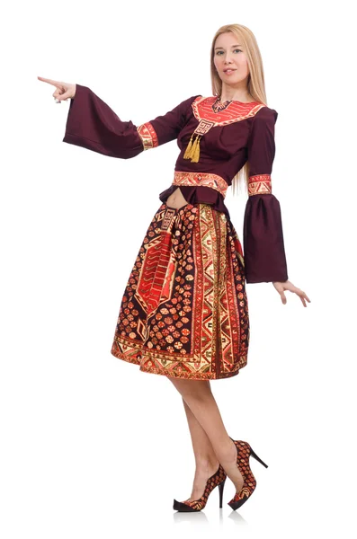 Frau in Kleid mit orientalischen Prints isoliert auf weiß — Stockfoto