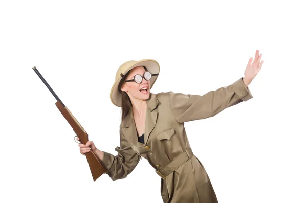Žena v safari klobouku na bílém — Stock fotografie