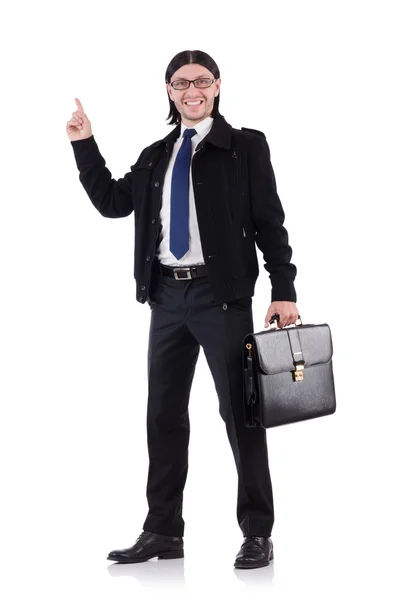 Młody biznesmen trzymający walizkę na białym tle — Zdjęcie stockowe