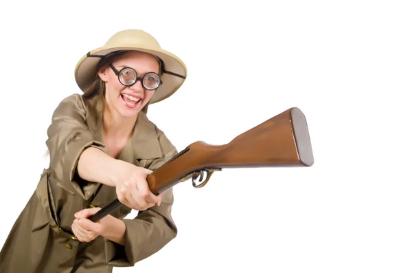 Kobieta w kapeluszu safari na białym — Zdjęcie stockowe