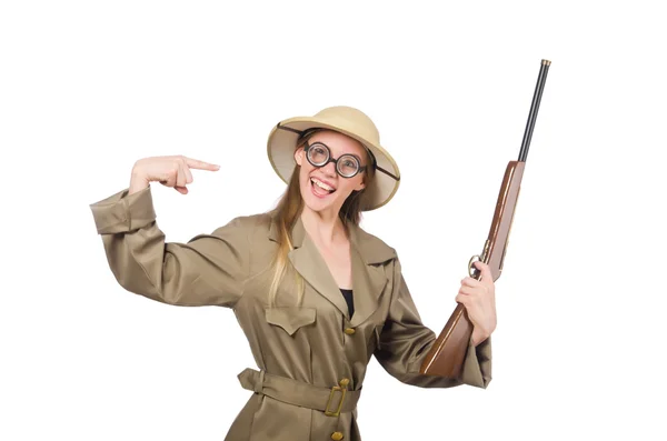 Mujer con sombrero de safari en blanco —  Fotos de Stock