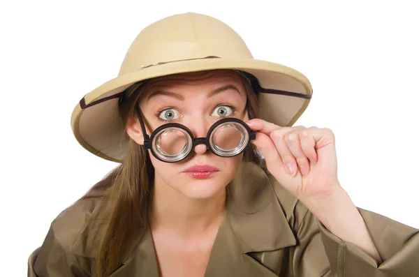 Woman wearing safari hat on white — Stock Photo, Image