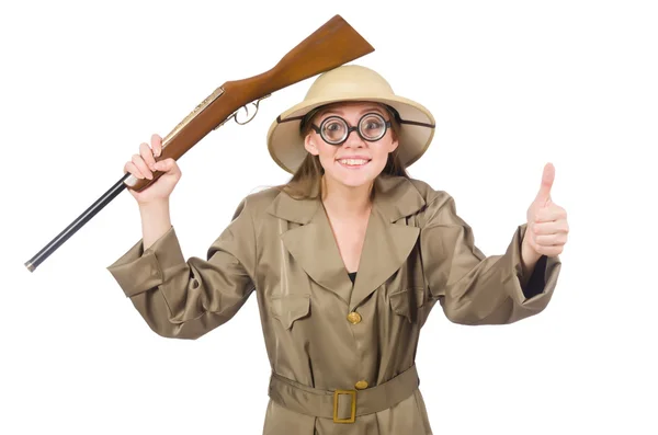 Mujer con sombrero de safari en blanco — Foto de Stock