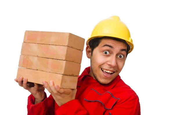 Robotnik budowlany z cegły gliny na białym — Zdjęcie stockowe