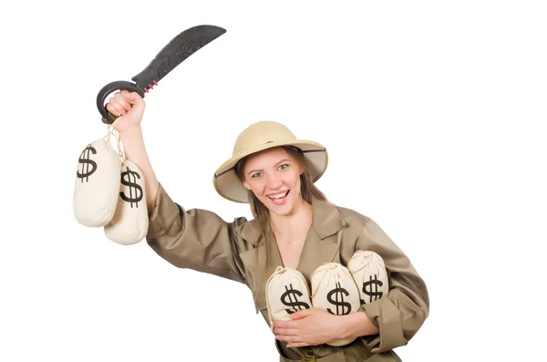 Mujer con sombrero de safari en blanco —  Fotos de Stock