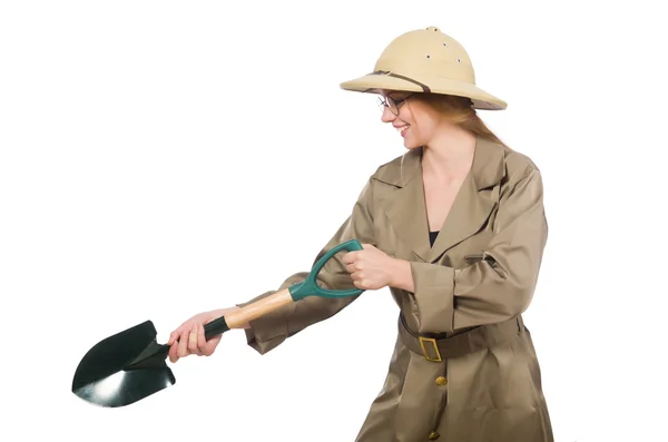 Mujer con sombrero de safari en blanco — Foto de Stock