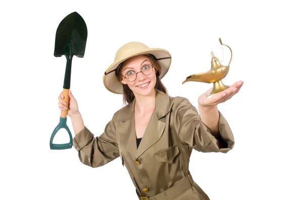 Mujer con sombrero de safari en blanco —  Fotos de Stock