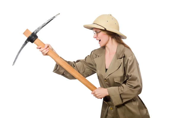 Femme portant un chapeau safari sur blanc — Photo