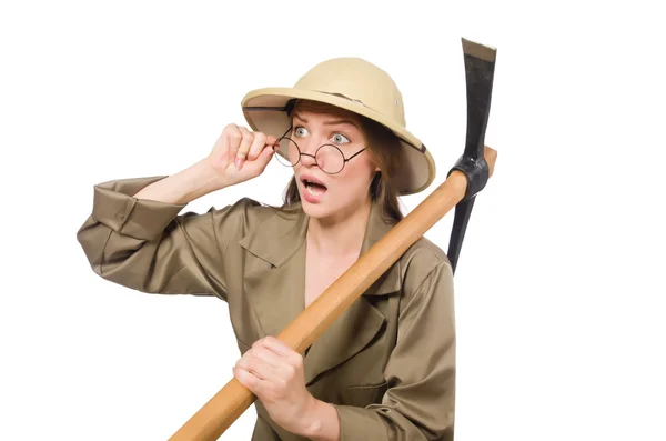 Kvinna bär safari hatt på vitt — Stockfoto