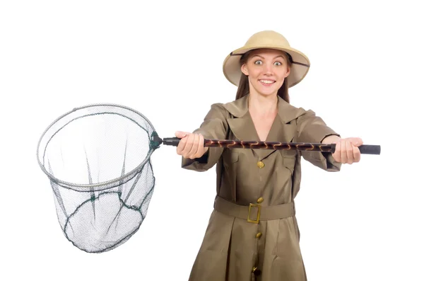 Mujer con sombrero de safari en blanco — Foto de Stock