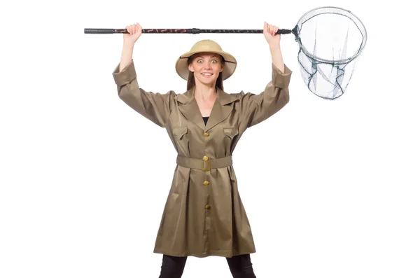 Mujer con sombrero de safari en blanco — Foto de Stock