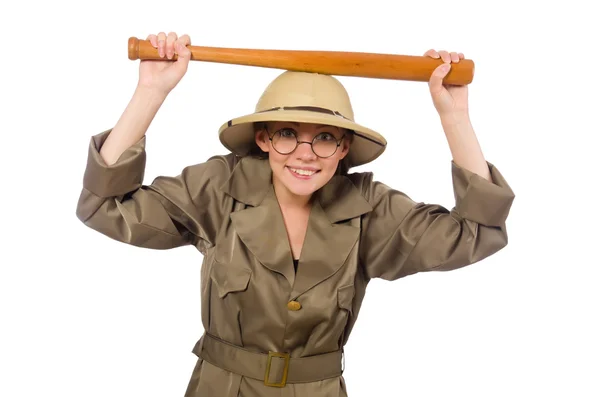 Mujer con sombrero de safari en blanco — Foto de Stock