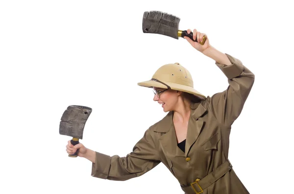 Mujer con sombrero de safari en blanco — Foto de Stock