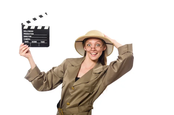 Woman wearing safari hat on white — Stock Photo, Image