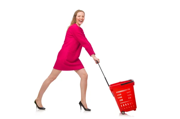 Woman with shopping cart isolated on white — Stock Photo, Image