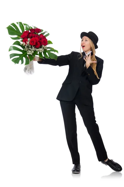 Woman with bunch of roses isolated on white — Stock Photo, Image