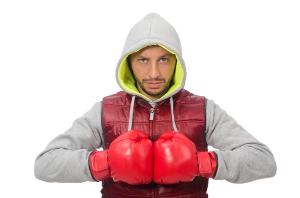 Uomo che indossa guanti da boxe isolati su bianco — Foto Stock