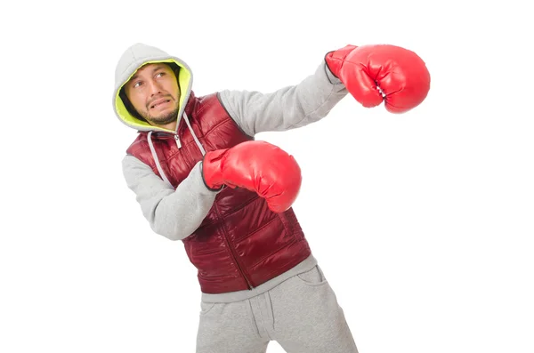 Hombre con guantes de boxeo aislados en blanco — Foto de Stock