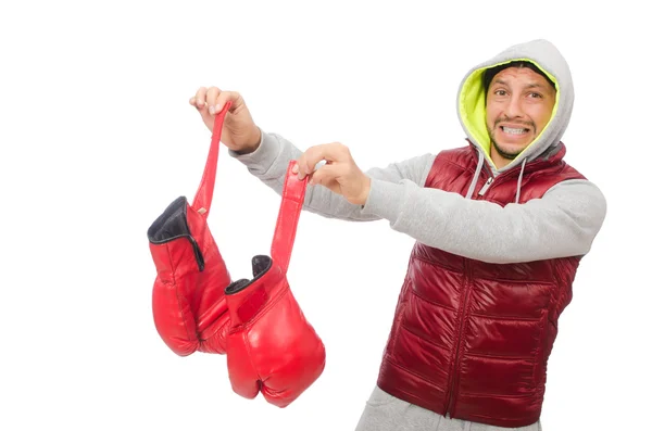 Hombre con guantes de boxeo aislados en blanco — Foto de Stock