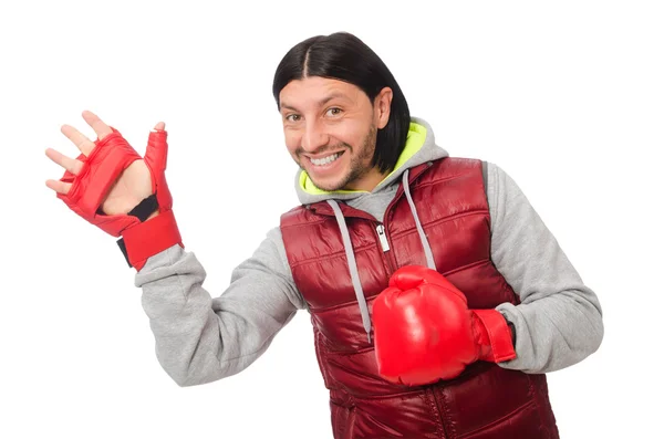Uomo che indossa guanti da boxe isolati su bianco — Foto Stock