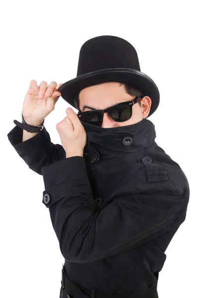 Giovane detective in cappotto nero isolato su bianco — Foto Stock