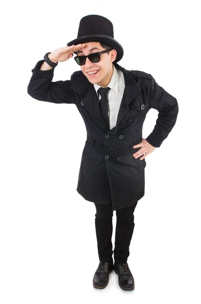 Молодий детектив в чорному пальто ізольований на білому — стокове фото