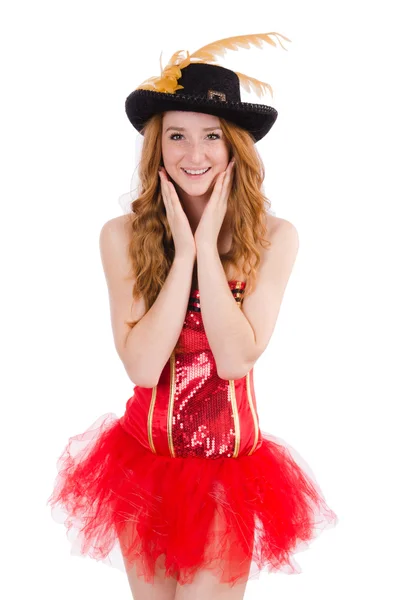 Chica de pelo rojo en traje de carnaval aislado en blanco —  Fotos de Stock