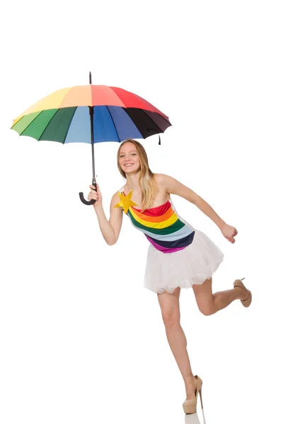 Woman with colorful umbrella on white — Stock Photo, Image