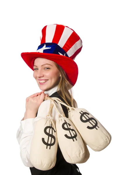 白い袋で隔離されたお金の袋の女性 — ストック写真