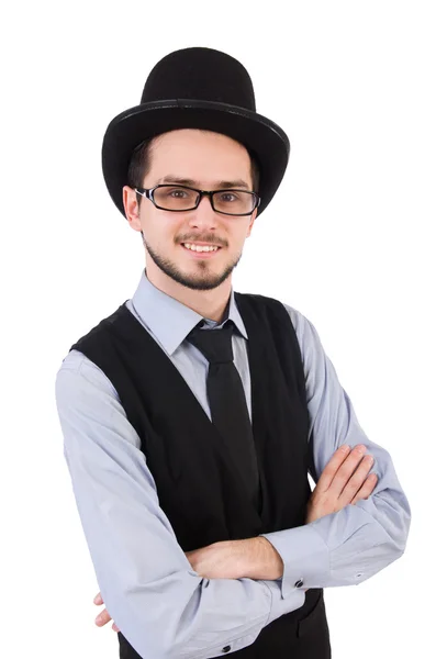 Fiatal férfi kalapban elszigetelt fehér — Stock Fotó