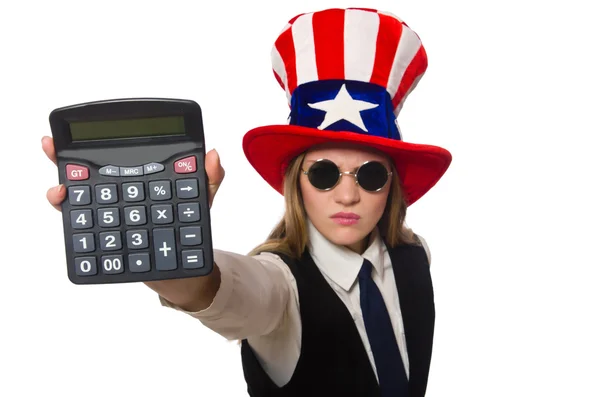 Mujer con calculadora aislada en blanco — Foto de Stock