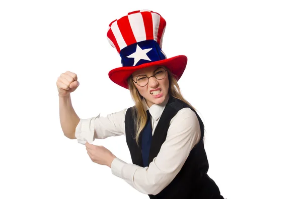 Mujer usando sombrero con símbolos americanos —  Fotos de Stock