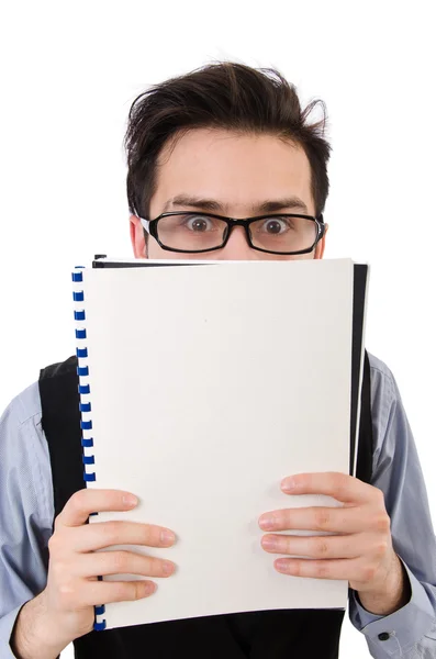 Empleado de oficina sosteniendo papel aislado en blanco — Foto de Stock