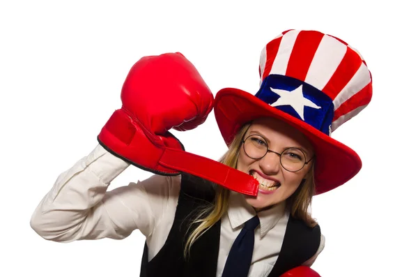 Femme avec gants de boxe isolés sur blanc — Photo