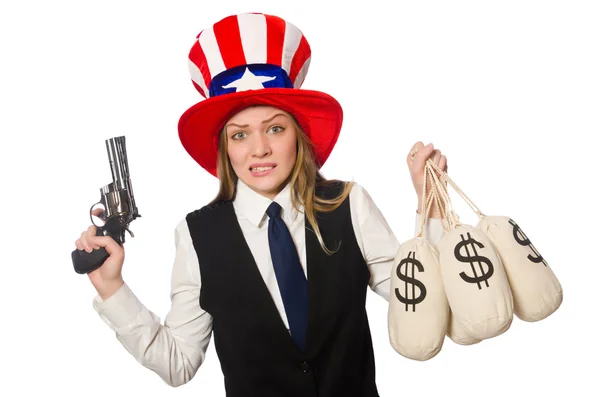 Женщина в шляпе с американскими символами — стоковое фото
