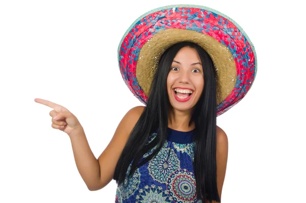 Ung attraktiv kvinna bär sombrero på vitt — Stockfoto