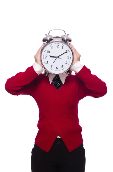 Office worker holding alarm clock isolated on white Stock Picture