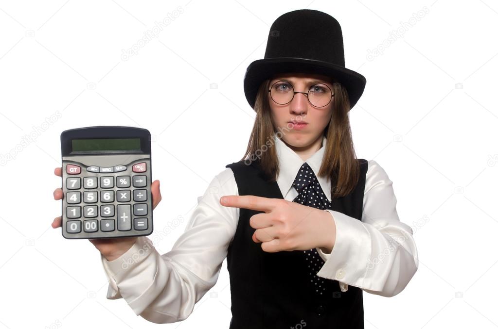 Funny woman with calculator isolated on white