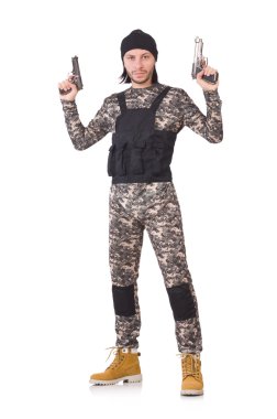 Beyaz izole tabanca ile beyaz asker