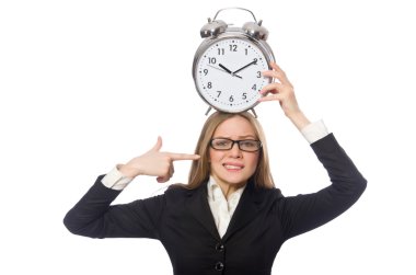Güzel ofis çalışanı ile çalar saat üzerinde beyaz izole